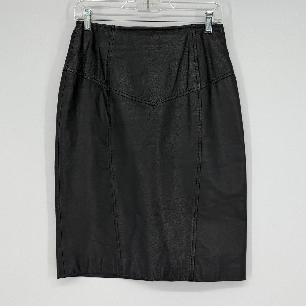 Vintage BYRNES & BAKER Black Leather‎ Pencil Skirt Midi Zipper Back Size 12